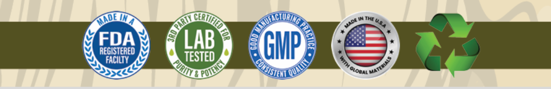 Collection of certification logos including FDA, Lab Certified, GMP, and recycling symbol on a green background.